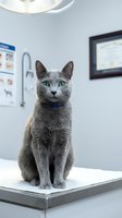Russian Blue cat sitting on examination table in modern veterinary clinic with medical equipment and charts visible in background.