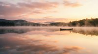 Serene lake at sunrise with wooden boat floating on calm water surrounded by misty mountains and forest, peaceful morning landscape for nature and travel projects.