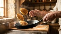 Chef flipping golden pancakes in cast iron skillet at rustic kitchen counter with warm morning sunlight streaming through window creating cozy cooking atmosphere.