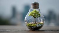 Green tree and wind turbines inside light bulb on wooden surface with blurred cityscape background, symbolizing renewable energy and environmental conservation.
