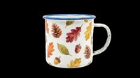 Autumn enamel mug with fall leaves, pine cones, and acorns, isolated on transparent background. Ready for clipart, stickers, print on demand, and t-shirt design use.