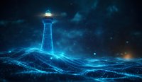 Glowing lighthouse on hill surrounded by digital wave particles in dark night sky with moonlight, creating magical atmosphere for background design.