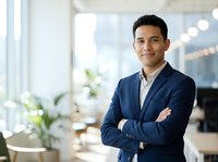 Young male professional of mixed ethnicity wearing navy blazer and white shirt, arms crossed, smiling confidently in modern office with windows and plants, suitable for corporate and business use.