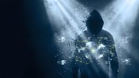 Silhouette of person with double exposure city lights and particles in dramatic beams of light creating mystical atmosphere for creative projects.