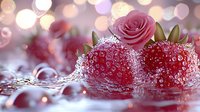 Fresh red strawberries covered in water droplets with pink rose and soft bokeh lights in background create romantic mood for Valentine's day or wedding design.