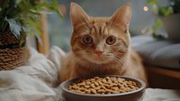Ginger cat looking at bowl of dry pet food in cozy home setting. Natural window lighting highlights curious expression and whiskers against soft background.