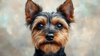 Yorkshire terrier portrait with expressive eyes and distinctive black and tan coloring against soft blurred background, detailed fur texture showing groomed coat.