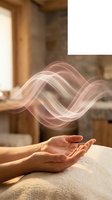 Healing energy waves flowing above cupped hands in warm spa setting for wellness and alternative therapy concepts.