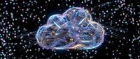 Cloud computing network with glowing digital connections and data particles flowing through transparent wireframe structure on dark background for technology concepts.