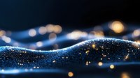 Glowing blue wave of particles with golden bokeh lights creates magical atmosphere against dark background, abstract digital art composition.