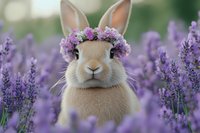 Adorable rabbit wearing purple flower crown in blooming lavender field, close up portrait of bunny with soft beige fur against blurred floral background.