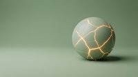 Cracked sphere with golden lines on muted sage green background, isolated on solid color for design, branding, and creative projects.