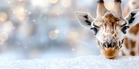 Curious giraffe peering over snowy foreground against soft bokeh winter background, close up portrait of young giraffe face with gentle expression.