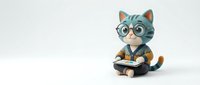 Cute cartoon cat character with glasses reading book, isolated on white background for educational designs and children's content.