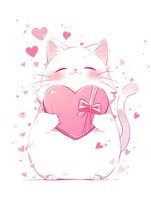 Adorable white cat holding pink heart-shaped box with bow, surrounded by floating hearts. Kawaii style illustration with blushing cheeks and happy expression.