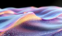 Flowing abstract waves in blue and pink with golden sparkles create mesmerizing fluid motion against dark background, suitable for luxury brand designs.