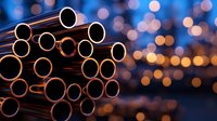 Copper pipes stacked in industrial setting with blurred bokeh city lights background creating atmospheric industrial composition at dusk.