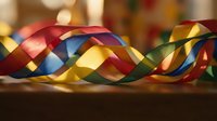 Colorful ribbon waves flowing in elegant curves with vibrant red, blue, yellow and green hues creating dynamic motion against warm blurred background.