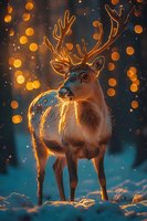 Majestic reindeer with glowing antlers standing in snow at dusk, illuminated by warm bokeh lights against dark winter background, creating magical holiday atmosphere.