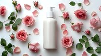 Pink roses and scattered petals frame white cosmetic bottle on clean background, flatlay composition for beauty, skincare, or spa marketing.