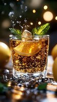 Refreshing whiskey cocktail with orange slice and mint garnish in glass tumbler with ice cubes and sparkling water droplets against warm bokeh lights background.