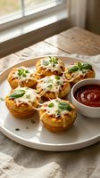 Baked pasta cups with melted cheese and fresh herbs served on white plate with marinara sauce in cozy kitchen setting for comfort food recipes.