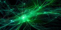 Glowing green neural network with luminous branching pathways and bright central node, representing digital connectivity, artificial intelligence, data transmission, and technological innovation.