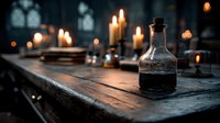 Mysterious glass bottle with dark liquid on wooden table illuminated by glowing candles in gothic medieval interior setting, creating mystical atmosphere.
