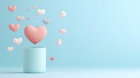 Pink and white hearts floating above mint cup on pastel blue background, romantic minimal composition for Valentine's day cards and love concepts.