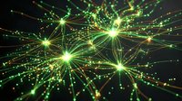 Abstract network connections with glowing green nodes and data streams on dark background for technology and digital communication concepts.