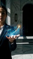 Professional businesswoman presenting holographic financial data charts and graphs in modern office environment for business analytics and growth concepts.