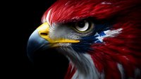 Majestic eagle head with American flag pattern feathers on dark background, patriotic symbol representing freedom and national pride.