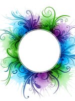 Colorful floral frame with swirls and flourishes in blue, green and purple watercolor style with white circle space for text or logo design.