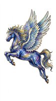 Ornate blue and gold Pegasus flying horse with decorative swirl patterns, isolated on transparent background, ready for stickers, t-shirt design, and print on demand.