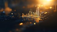 Glowing financial chart bars rising on dark surface with golden bokeh lights and reflection, representing market growth and business analytics visualization.
