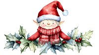 Cheerful Christmas elf wearing red Santa hat and plaid scarf, peeking through holly leaves and berries arrangement in watercolor style for holiday designs.