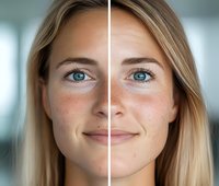 Before and after skin retouching comparison showing natural beauty with freckles versus smooth complexion on young caucasian woman with blonde hair and blue eyes.