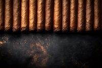 Row of premium handmade cigars arranged on dark rustic background, showcasing rich tobacco textures and varying shades of brown for luxury smoking experience.