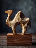 Handcrafted wooden camel sculpture on rectangular base against dark background, showcasing natural grain patterns and artistic craftsmanship for home decor.