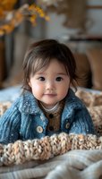 Adorable toddler in cozy blue knit sweater lying on textured blanket, warm autumn mood with soft natural lighting and gentle smile. Perfect for family lifestyle content.