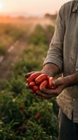 Farmer holding fresh ripe tomatoes in cupped hands at sunset in organic vegetable garden field during harvest season for healthy food production.