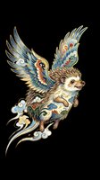 Ornate flying hedgehog with decorative wings and mystical swirls, isolated on transparent background. Ready for t-shirts, stickers, clipart, sublimation, and print-on-demand designs.