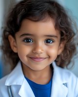 Adorable young girl in white lab coat smiling at camera with curly hair and bright eyes, representing future scientist or doctor in STEM education.