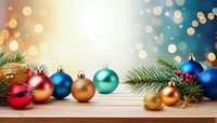 Colorful Christmas ornaments and pine branches on wooden surface with festive bokeh background for holiday greeting cards and seasonal decor.