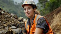 Young female construction worker in safety vest and hard hat at mining or quarry site, looking confident while working in industrial environment. Professional portrait.