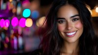 Young Hispanic woman with bright white smile and long dark hair against colorful bokeh lights background in evening urban setting, radiating joy and confidence.