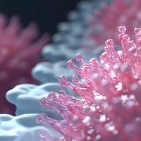 Pink and blue colors showing detailed spike proteins and viral membrane, scientific visualization for medical research.