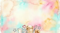 Watercolor background with soft pastel colors, tea cup, jar, heart, stars, and floral elements, isolated on white for craft, greeting card, and design projects.