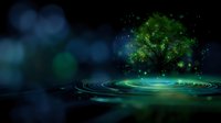 Mystical glowing tree emerging from rippling water surface with magical sparkles and ethereal green light effects against dark background, creating dreamy atmosphere.