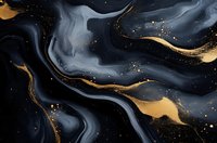 Luxury black and gold marble texture with flowing swirls and glitter particles on dark background for elegant design projects.